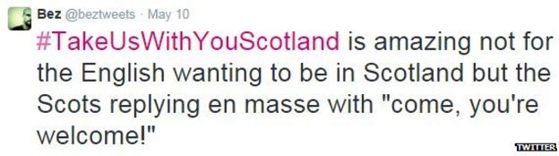 Tweet which reads "take us with you scotland is amazing not for the English wanting to be in Scotland but the Scots replying en masse with "come your welcome".