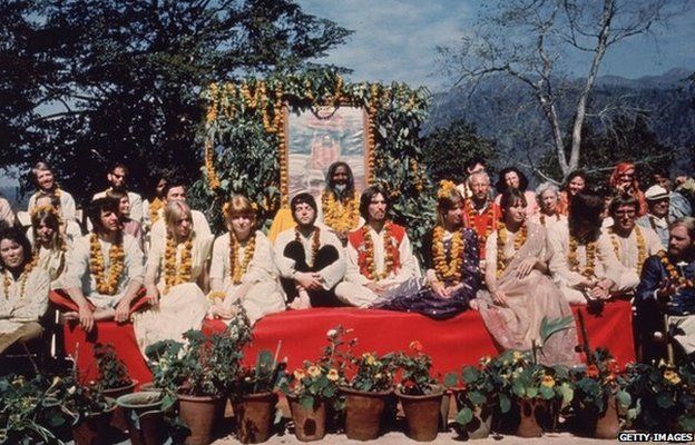 The Beatles and their partners at the Rishikesh in India with the Maharishi Mahesh Yogi, March 1968.