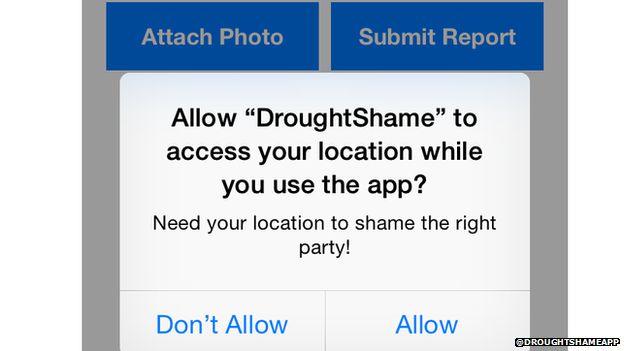 Screenshot of the location services on the Drought Shame app