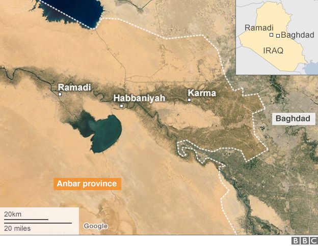 Map showing locations in Anbar province, including Ramadi and Habbaniyah