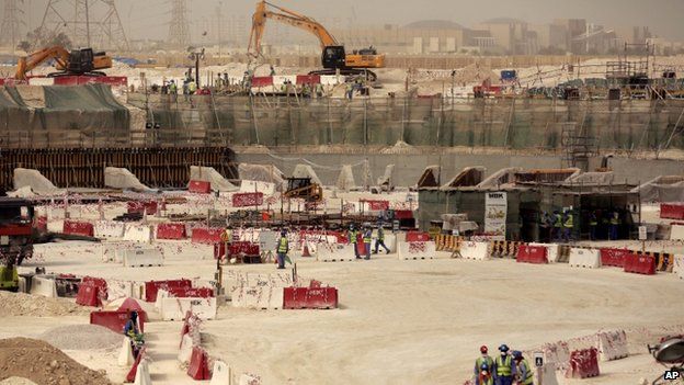 In this photo taken during a government organized media tour, laborers work at the Al-Wakra Stadium that is under construction for the 2022 World Cup, in Doha, Qatar, Monday, May 4, 2015