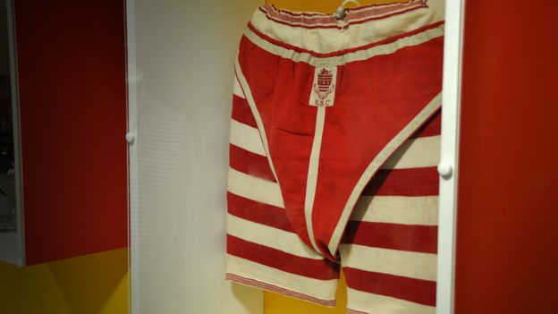 Men's bathing shorts and matching 'athletes' over the top, 1880-1900