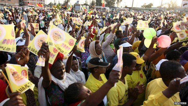 People take part in an Ethiopian People's Revolutionary Democratic Front (EPRDF) election rally in Addis Ababa