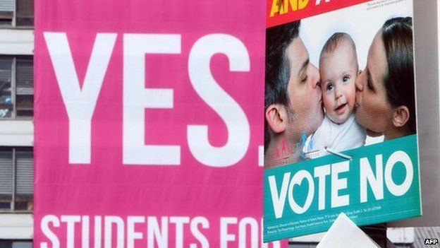 Banners encouraging voters to support the Yes and the No campaign in the Irish same-sex marriage referendum