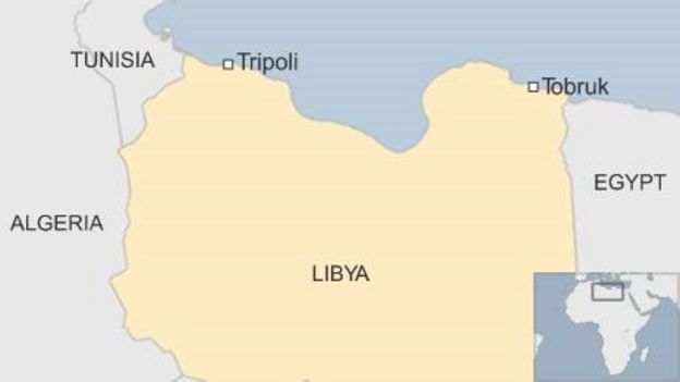 Map showing the cities of Tripoli and Tobruk in Libya