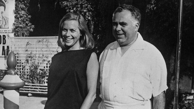 Honor Blackman, who played Pussy Galore, with Goldfinger co-producer Harry Saltzman at the Venice Film Festival in 1965