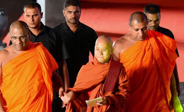 Myanmar monk Shin Wirathu arrives with Gnanasara Thero for the Bodu Bala Sena (BBS) or Buddhist Force convention in Colombo on September 28, 2014