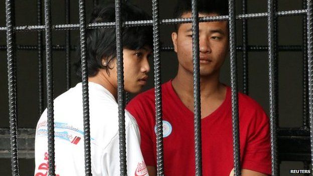 Win Zaw Htun (L) and Zaw Lin in a jail cell