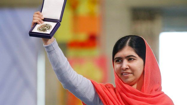 A file photograph showing Laureate Malala Yousafzai displaying her medal during the award ceremony of the 2014 Nobel Peace Prize at Oslo City Hall, Norway, 10 December 2014.