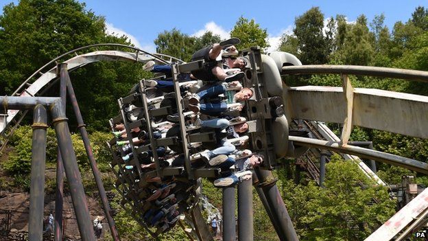 (Left to right) Matt Bennett, Erik Votjas, Lucia Pajtasova and Dan Bennett, from Cheltenham, ride Nemesis at Alton Towers in Staffordshire,