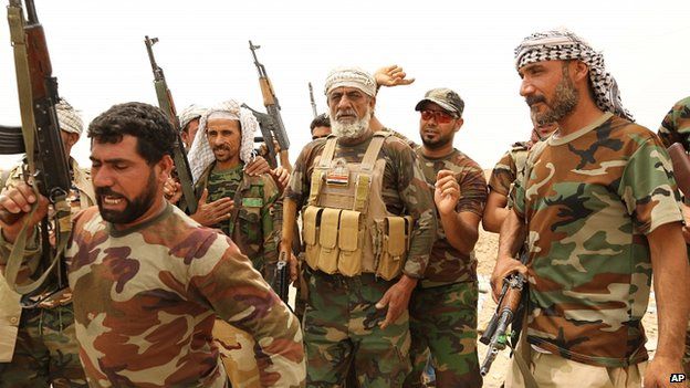 Fighters of Badr Brigades Shia militia on the outskirts of Fallujah, Anbar province, Iraq. 1 June 2015