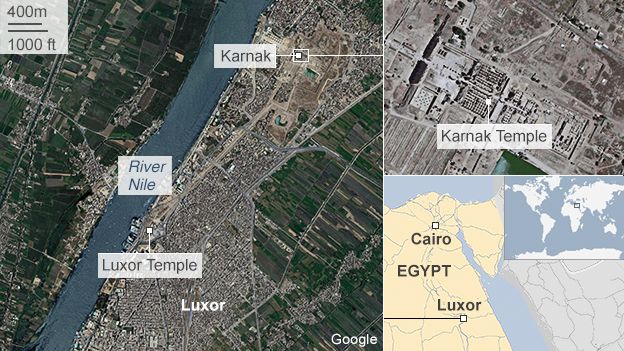Map showing location of Karnak temple in Luxor, Egypt