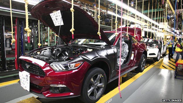 Ford mustang on an assembly line