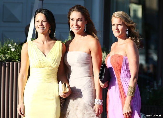 Sofia Hellqvist (left) and Louise Gottlieb (centre) arrive at a private dinner on the eve of the wedding of Princess Madeleine and Christopher O'Neill hosted by King Carl XVI Gustaf and Queen Silvia at The Grand Hotel on 7 June 2013 in Stockholm, Sweden.