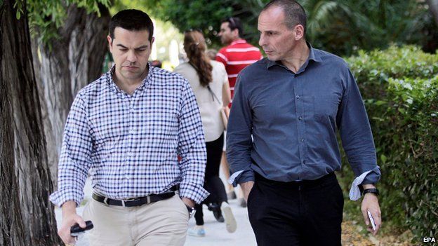 Greek Premier Alexis Tsipras (L) and Greek Finance Minister Yanis Varoufakis (R)