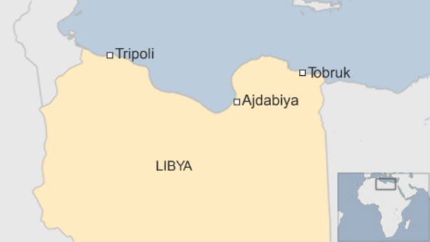 A map showing Ajdabiya, in Libya