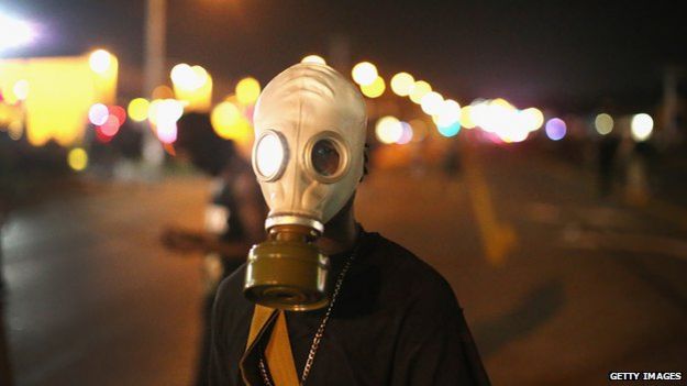 Person wearing a gas mask