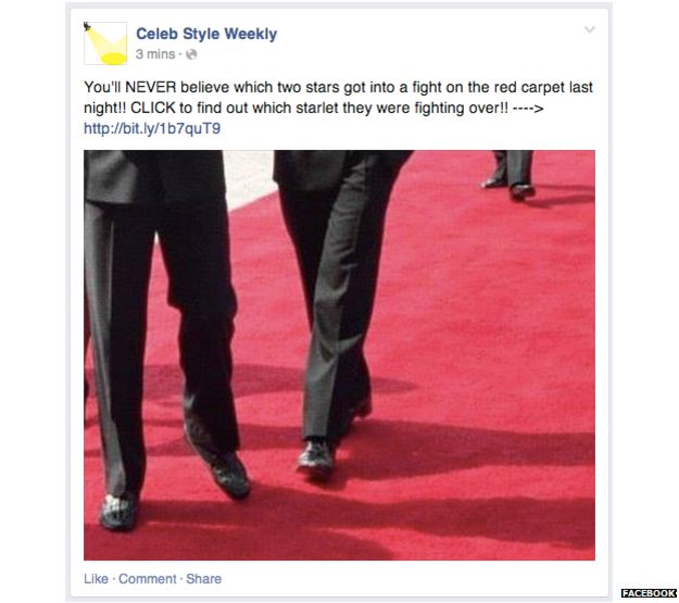 Example of a clickbait post with two men's legs on a red carpet