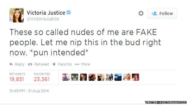 Tweet from @VictoriaJustice reading: "These so called nudes of me are FAKE people. Let me nip this in the bud right now. *pun intended*