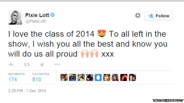 Pixie Lott tweets "I love the class of 2014, to all left in the show, I wish you all the best and know you will do us all proud"
