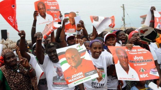 Party supporters wave posters of President John Mahama during the presidential rally of the ruling National Democratic Congress at Ashaiman, Greater Accra in Ghana on 3 December 2012