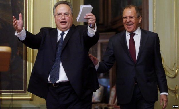 Greek Foreign Minister Foreign Minister Nikos Kotzias (L) with Sergei Lavrov