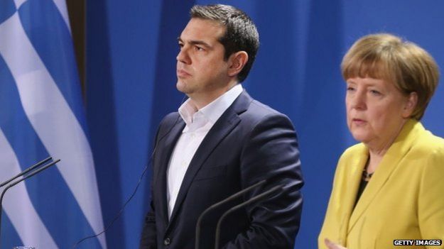 Alexis Tsipras and Angela Merkel at a Berlin press conference, 23 March 2015