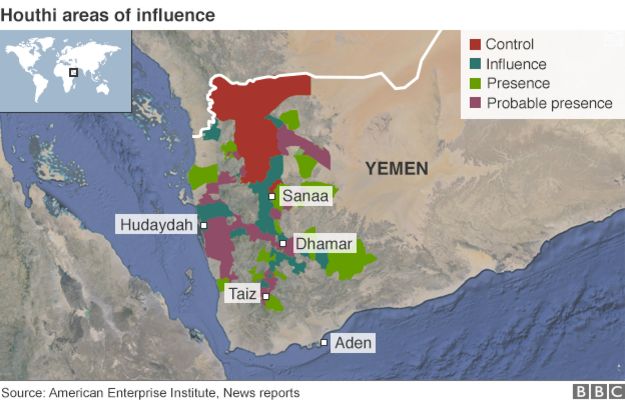 Map showing Houthi areas of influence