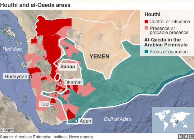 Map showing Houthi and al-Qaeda areas of influence