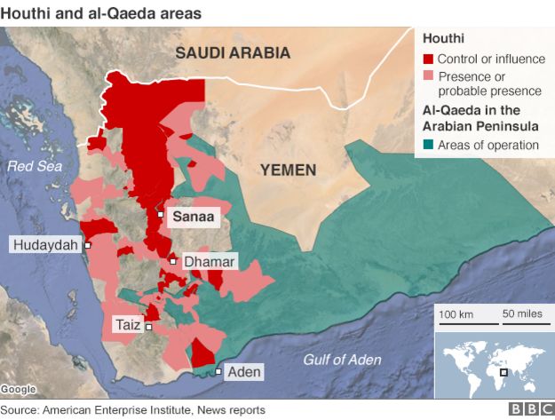 Map showing Houthi control and al-Qaeda area of operation