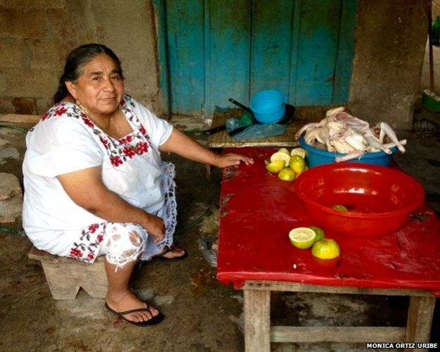 Sofía Cocom wears the traditional garb of Mayan women in Mexico's Yucatán Peninsula. CoCom is against her son's wish to migrate illegally to the United States to work.
