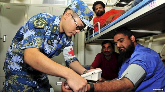 Chinese medical check aboard evacuation ship, 2 Apr 15