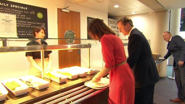 David and Samantha Cameron having breakfast at a Scottish Widows office in Edinburgh