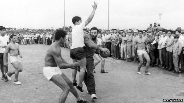 Cuban leader Fidel Castro plays basketball with students near Havana in 1970