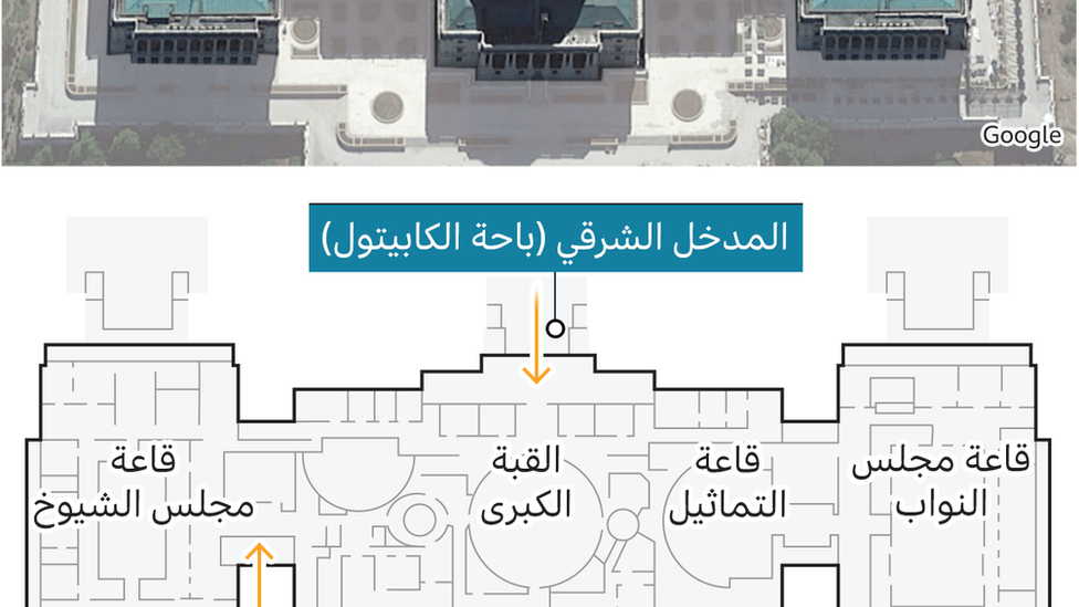 رسم بياني يوضح الأماكن التي دخل منها المتظاهرون إلى مبنى الكونغرس