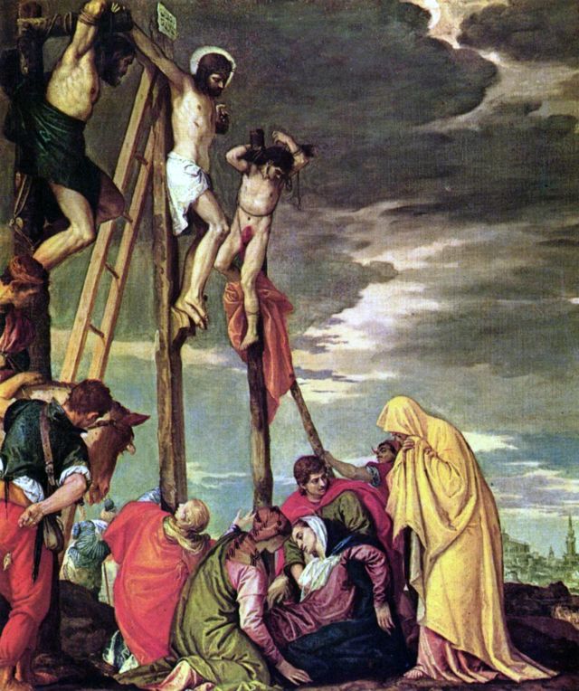Jesus crucificado entre os ladrões, em pintura de Veronese, século 16