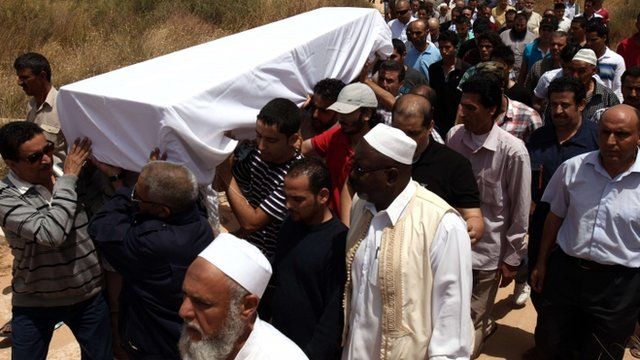 Friends and relatives carry the coffin containing the body of Abdelbaset Ali Mohmet al-Megrahi
