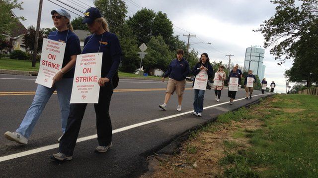 Pennsylvania school teachers on a strike's picket line