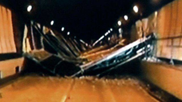 Concrete ceiling panels collapsed inside the Sasago Tunnel