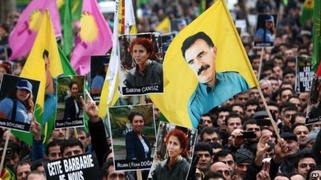 Demonstrators of Kurdish origin gathering with flags displaying PKK (Kurdistan Workers Party) leader Abdullah Ocalan
