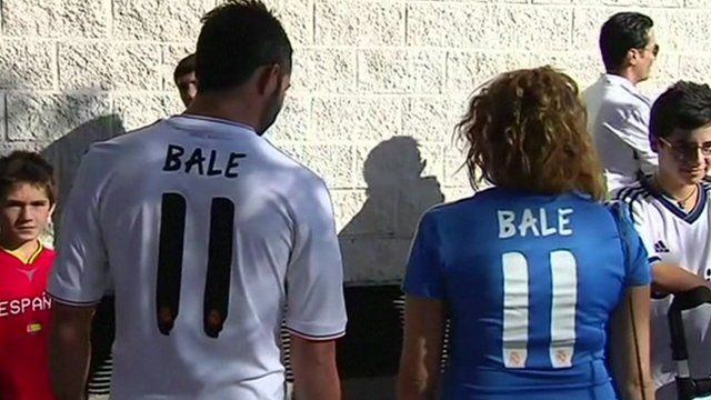 Real Madrid fans with Gareth Bale replica shirts