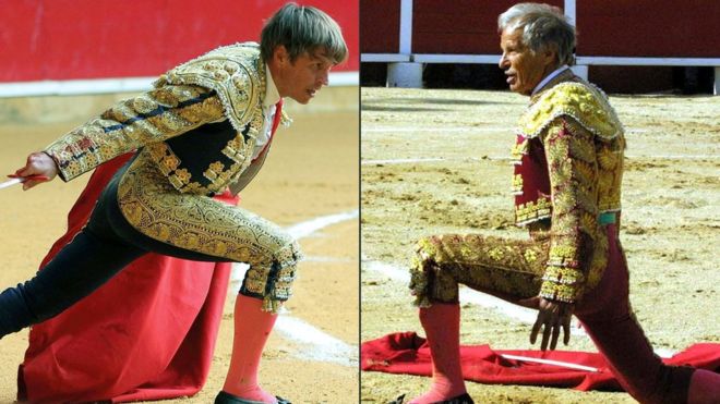 Composite image of two bullfighters in action - not together when the photos were taken, but edited together in this image