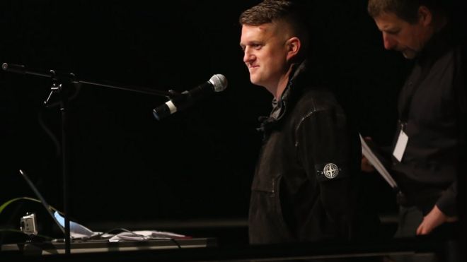 Tommy Robinson of the English Defense League speaks to supporters of the Pegida movement gathered on the first anniversary since the first Pegida march on October 19, 2015 in Dresden, Germany