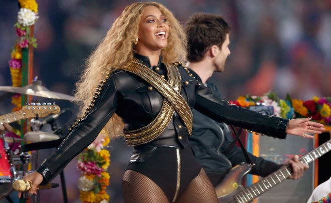 Beyonce (R) performs onstage during the Pepsi Super Bowl 50 Halftime Show at Levi"s Stadium on February 7, 2016