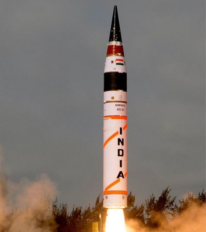 In this photo released by Indian Ministry of Defense, Indiaâ€™s Agni-V missile, with a range of 5,000 kilometers (3,100 miles), lifts off from the launch pad at Wheeler Island off India"s east coast, Thursday, April 19, 2012.