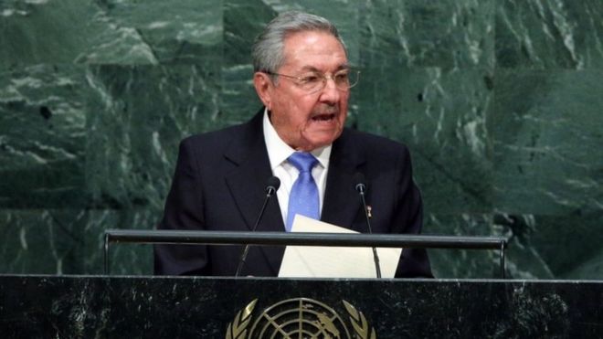Raul Castro delivers his address during the 70th session General Debate of the United Nations General Assembly at United Nations headquarters in New York, New York (28 September 2015)