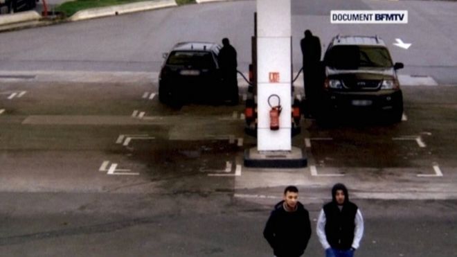Paris shooting suspect Salah Abdeslam and suspected accomplice Hamza Attou are seen at a petrol station on a motorway between Paris and Brussels, in Trith-Saint-Leger, France on 14 November 2015