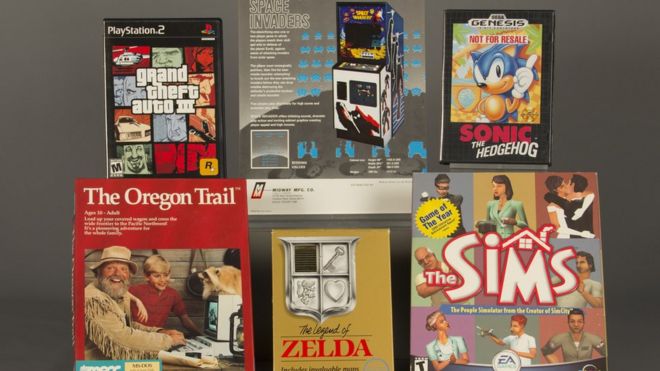 Space Invaders, Sonic the Hedgehog, The Legend of Zelda, The Oregon Trail, Grand Theft Auto III, and The Sims.