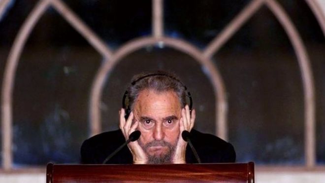 This file photo taken on May 11, 2001 shows Cuban President Fidel Castro listening as he addresses a public lecture in Kuala Lumpur.