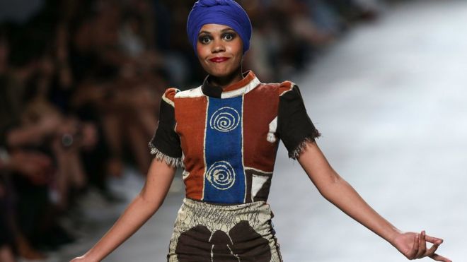 A model shows off a creation by Angolan fashion designer Nadir Tati on Sunday during her show at Lisbon Fashion Week in Lisbon